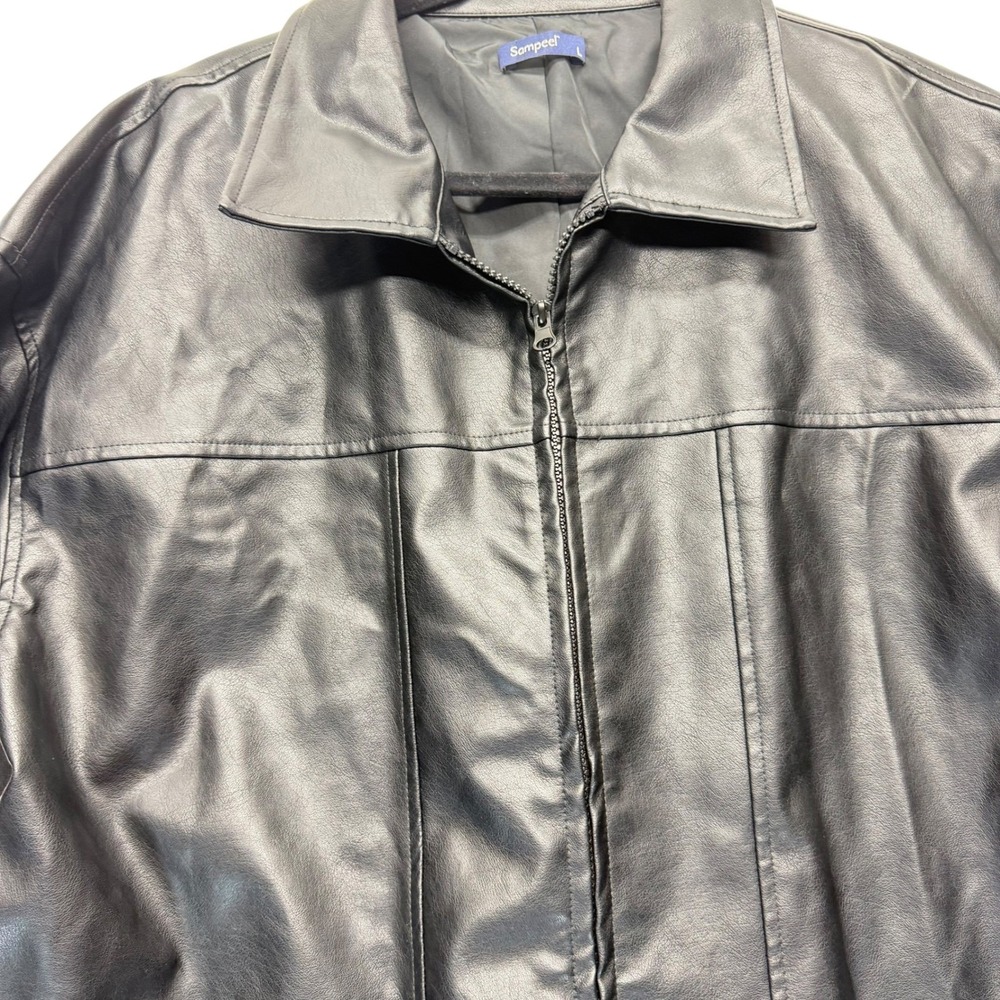 Sampeel Jacket Mens L Black Faux Leather‎ Bomber Zip Up Casual - Picture 4 of 13